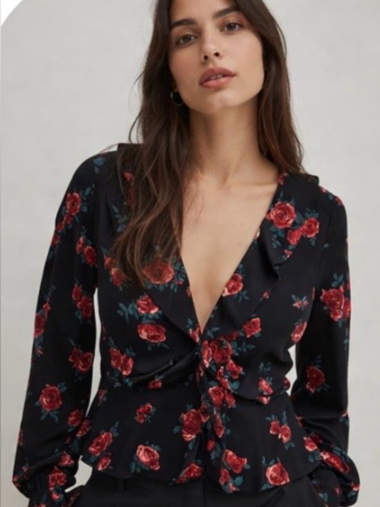 H&M Tops - H&M Black Blouse with Red Floral Pattern